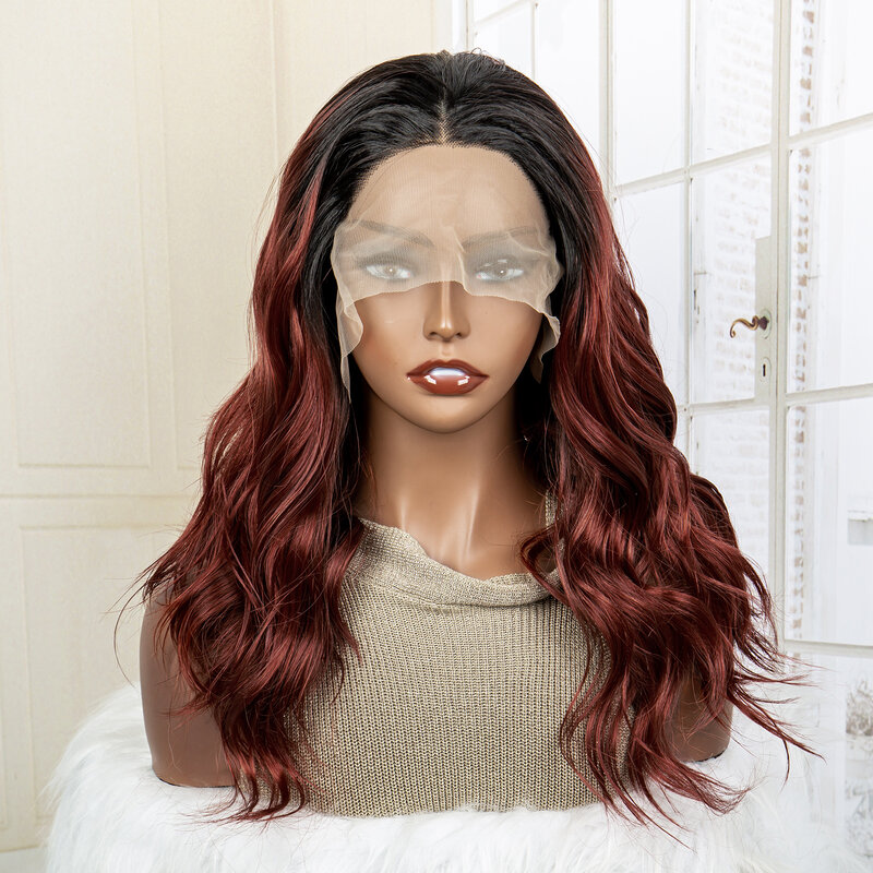 Perruque Lace Front Wig synthétique ondulée, cheveux courts, nickel é, brun roux, 13x3