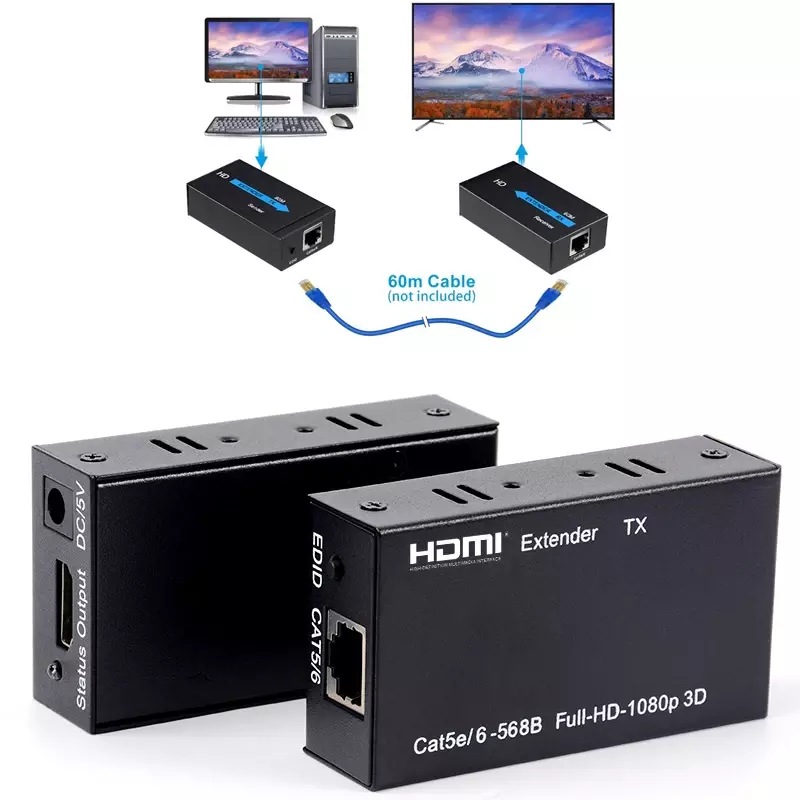 HD 60M HDMI Rj45 Extender 1080p 오디오 비디오 송신기 수신기, Cat 5e CAT6 이더넷 케이블 노트북 PC TV 모니터