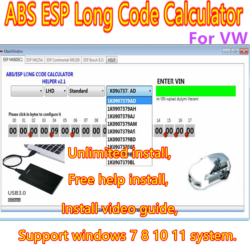 Calculatrice de code long pour VW ABS ESP, aide, logiciel, guide vidéo d'installation, aide gratuite, MK60EC1, offre spéciale, 2023