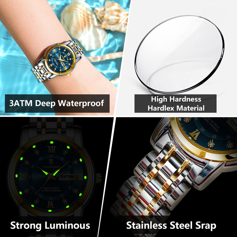 POEDAGAR Women Wristwatch Luxury Quartz Ladies Watch Waterproof Stainless Steel Luminous Date Week Women's Watches Dress Clock