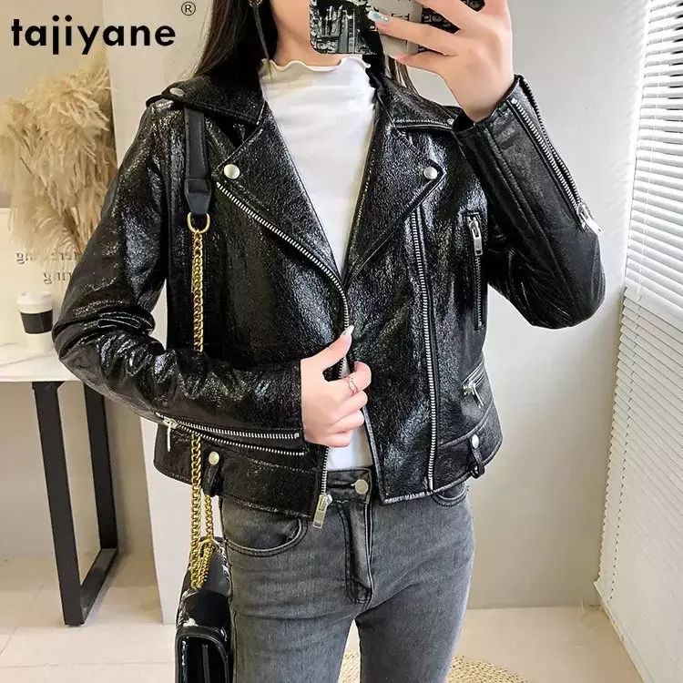 Fujiyane jaket kulit asli wanita mantel kulit domba asli 2023 mode Korea jaket kulit ramping pendek mantel pengendara sepeda hitam wanita