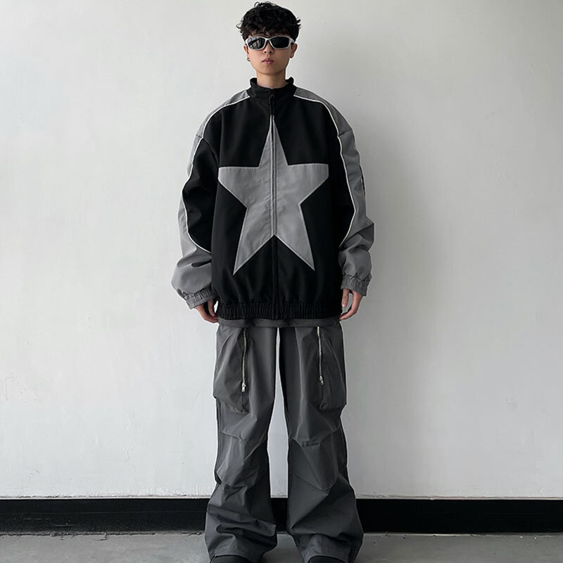 Jaqueta bomber de padrão estrela Vintage masculina e feminina, casaco blusão, patchwork com zíper, streetwear unissex, Harajuku Y2k, primavera