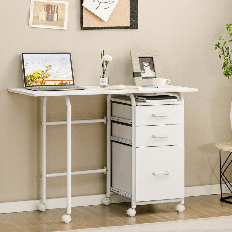 Składany komputer, laptop, biurko, meble do domowego biura na kółkach z 3 szufladami, kolor biały-