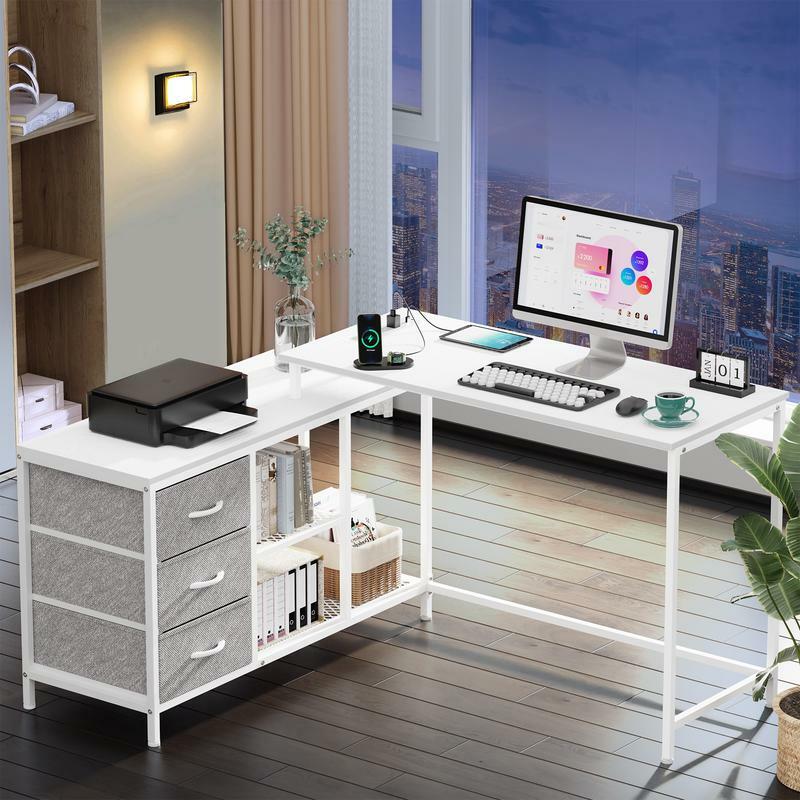 ERJARE meja berbentuk L dengan outlet daya, meja komputer dengan laci & rak, meja sudut meja game meja kantor rumah