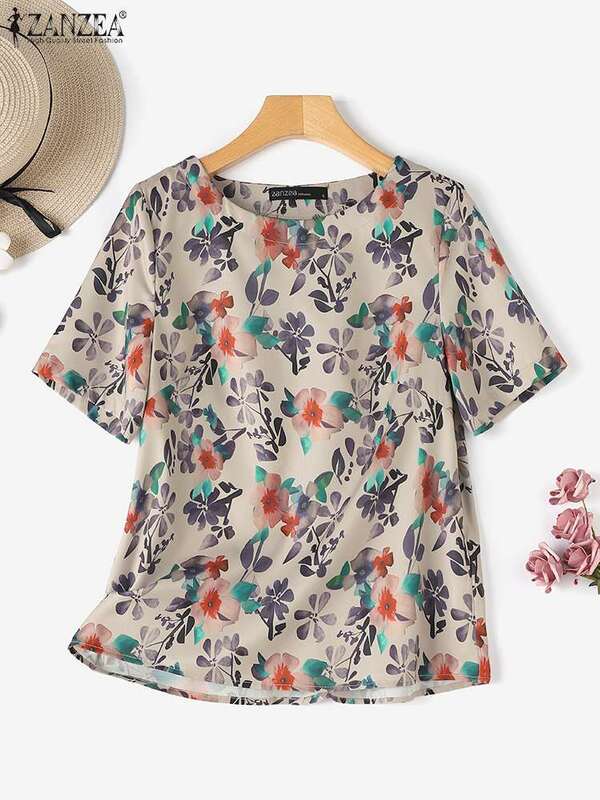 Праздничная блузка ZANZEA с цветочным принтом, богемная Свободная рубашка с коротким рукавом и круглым вырезом, повседневные летние винтажные блузы, топы, туника