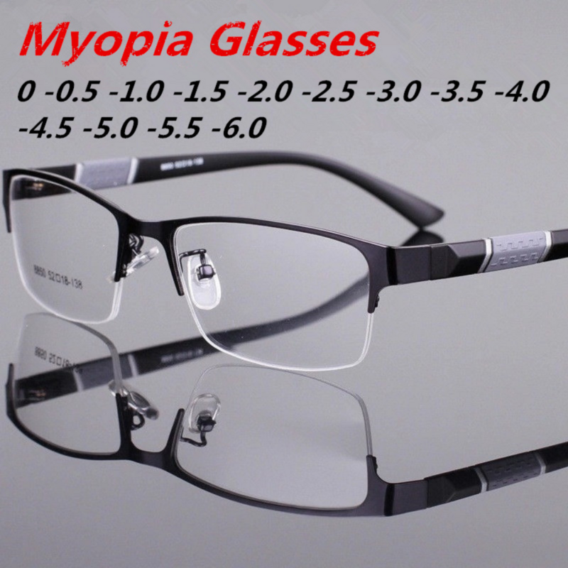 Óculos de miopia unissex anti-azul, óculos retrô de metal, armação quadrada de meia armação para estudantes de miopia, para mulheres 0 -1.0-1.5-2.0-2.5-3.0