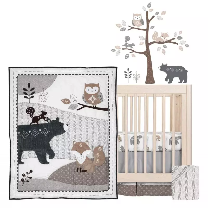 ラマブとツタの森の動物の寝具セット、赤ちゃんの子供部屋、灰色、5個
