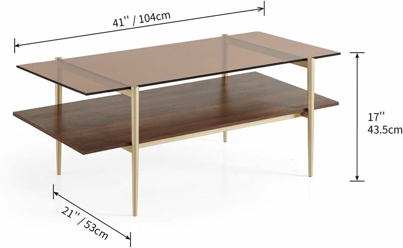 Saint Mossi-mesa de centro de cristal de doble capa para sala de estar, estante inferior de MDF marrón, vidrio y café