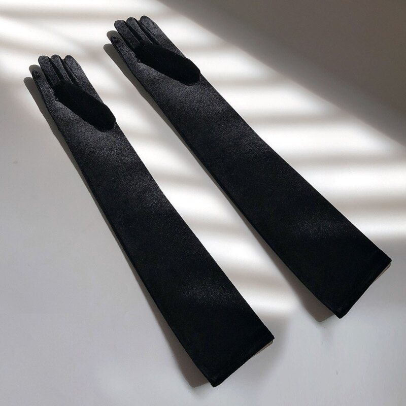 Guantes largos de terciopelo dorado para mujer, guantes de 52cm de largo para vestido de cena, guantes de conducción cálidos elásticos de terciopelo negro, primavera y otoño