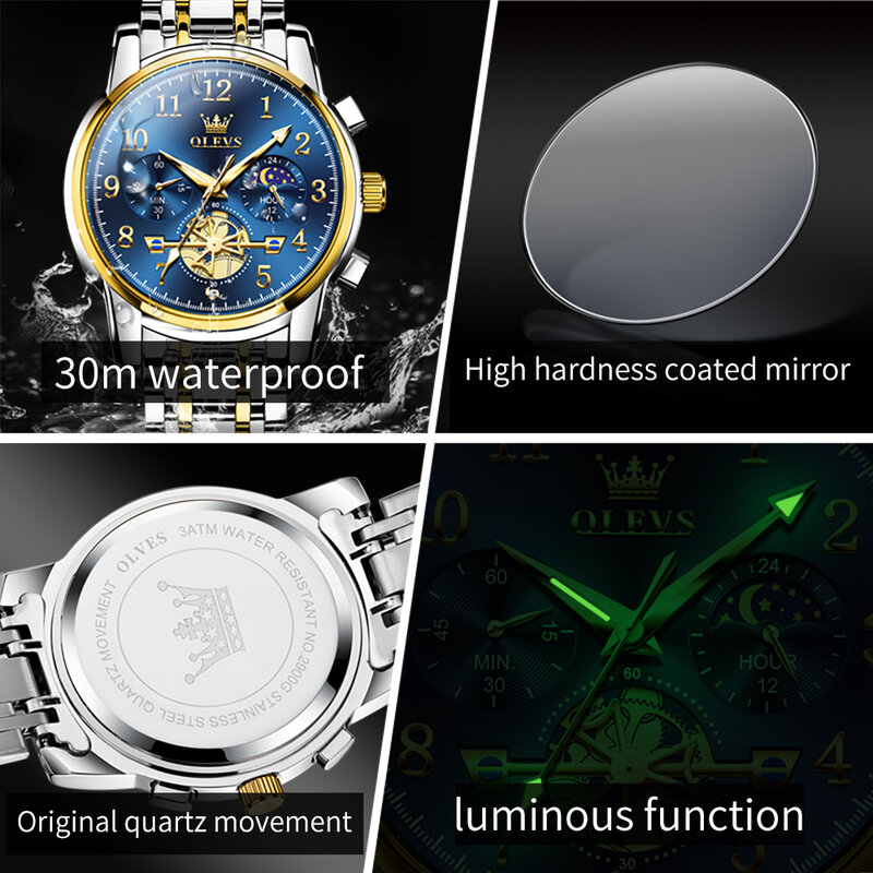 OLEVS jam tangan pria Phase bulan, jam tangan pria Stainless Steel, jam tangan Quartz kronograf, modis, anti air, bercahaya, untuk pria