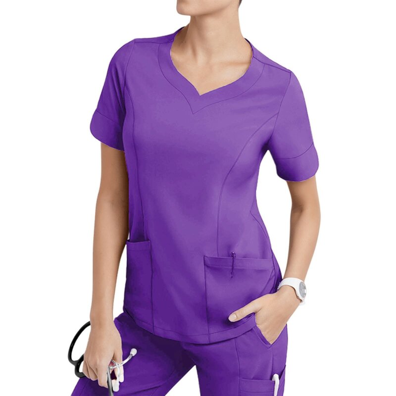 Uniforme de Scrub para mujer, Tops sólidos con cuello en V y bolsillo, Color de manga corta, ropa de trabajo de Clínica Médica para salón de belleza