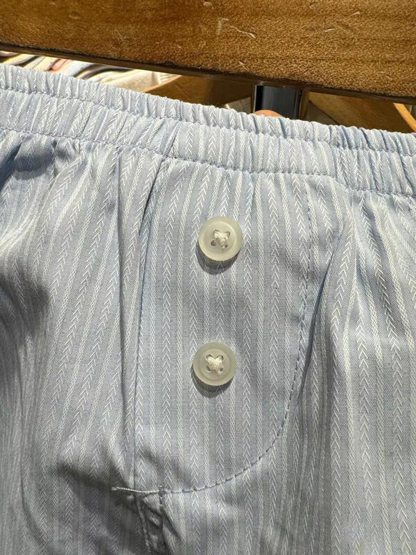 Niebieskie paski bawełniane spodenki codzienne letnie elastyczne guziki w talii proste krótkie spodnie Vintage luźne słodkie bielizna domowa Y2k