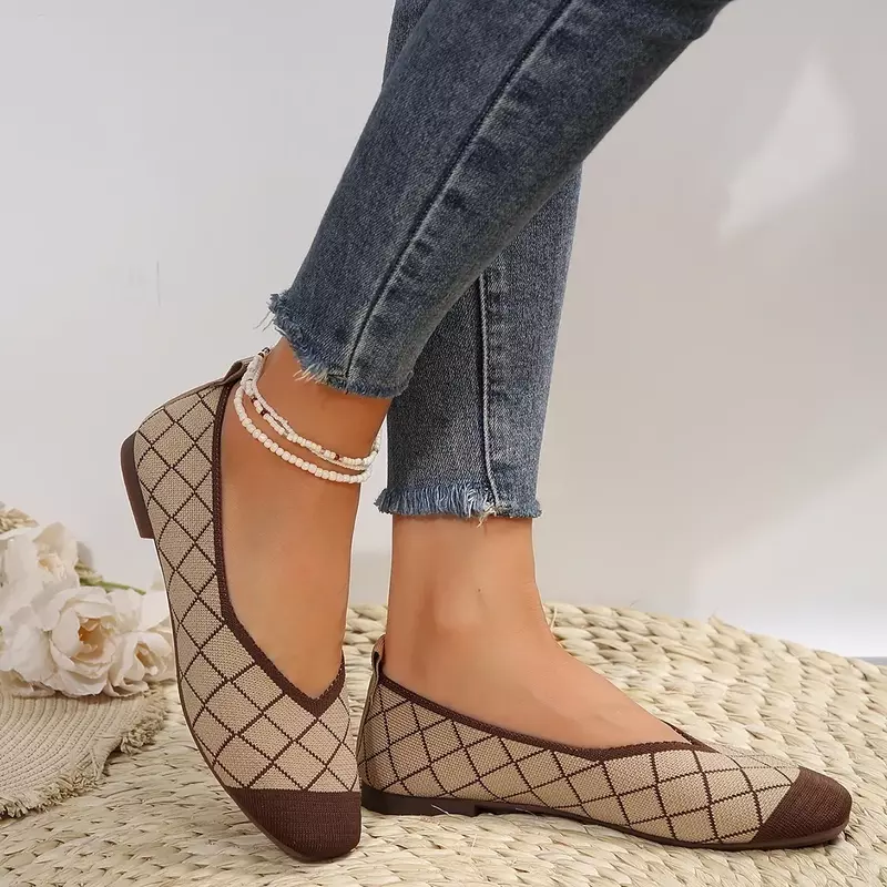 รองเท้าผ้าใบผู้หญิงส้นเตี้ยรองเท้าถักส้นเตี้ย sepatu SLIP ON บัลเล่ต์ลำลองสีทึบรองเท้าออกแบบรองเท้าโลฟเฟอร์ผู้หญิง