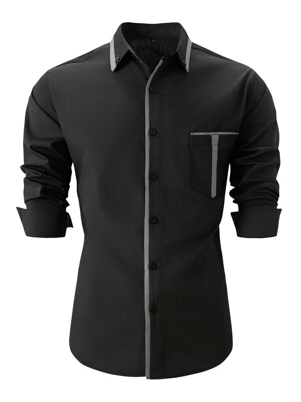 Camisa de botão manga longa masculina com bolso, camisa casual solta, camisas vintage, monocromática, primavera, outono, nova