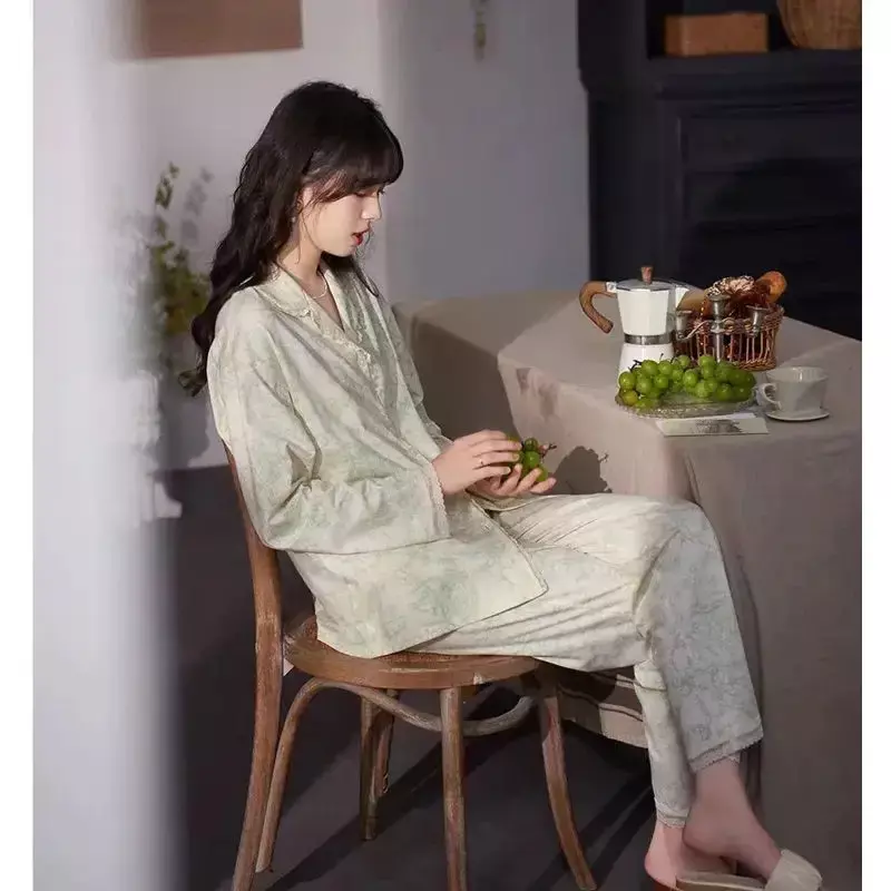 여성용 긴팔 면 잠옷 세트, 용수철 및 가을 중국 스타일, 홈웨어, 우아한 기질, 신상 투피스 잠옷