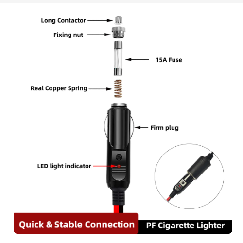 12V 24V Cigarette Lighter Power Adapter High Power Male Plug with 15A Fuse Power Cord for Cars Trucks