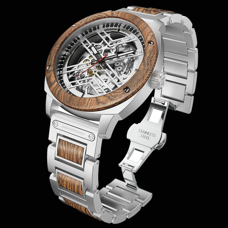 Herren Holz Edelstahl kombiniert mechanische Zeiger Uhr große leuchtende Skelett Punk Business Uhr personal isierte Geschenke