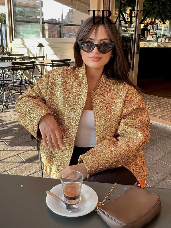 Kafza jaket pendek longgar wanita, tren payet emas jaket wanita mode baru serbaguna hangat Chic dan elegan