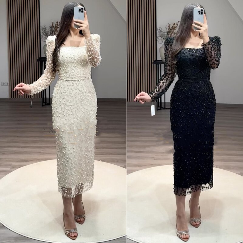 Prom Dress Evening Jersey Beading Party A-line Square Neck Bespoke Occasion Gown Midi Dresses Saudi Arabia