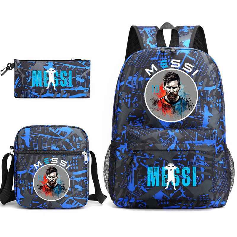 Messi-mochila escolar con estampado para estudiantes, conjunto de 3 piezas, bolso de lápiz, bolso de hombro, adecuado para niños y niñas