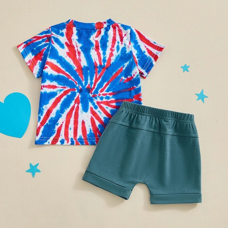 VISgogo Baby Boys Clothes Shorts Set Short Sleeve Letters Print T-shirt with Elastic Waist Shorts Summer Outfit for 4th of July