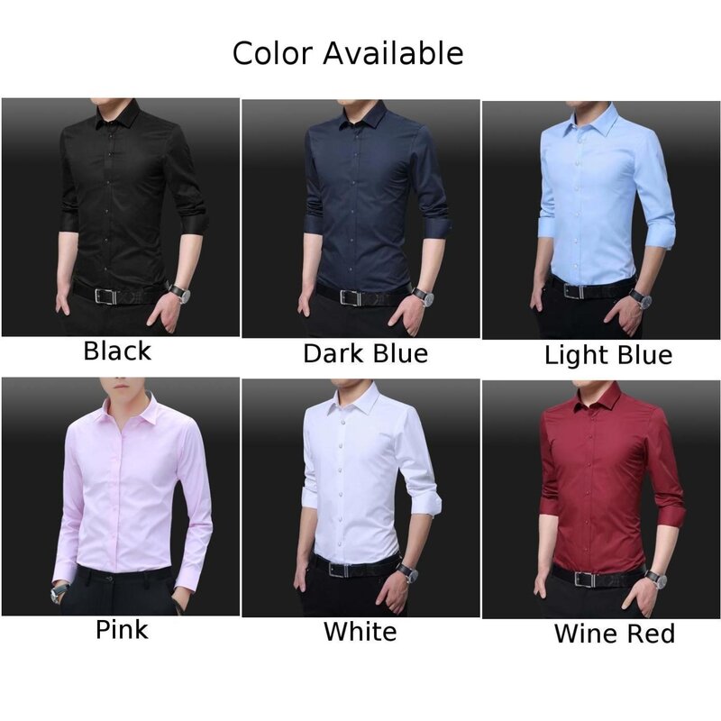 เสื้อเสื้อเชิ้ตสไตล์ลำลองทรงสลิมฟิตสำหรับผู้ชาย, เสื้อแขนยาวสีขาว/ดำ/น้ำเงินอ่อน/น้ำเงินเข้ม/ชมพู/ไวน์แดง