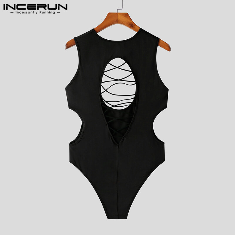INCERUN Sexy Homewear New Men's Fur Cross Design Rompers Fashion Male Solid Hollow out Tight Triangle Sleeveless Bodysuits S-5XL