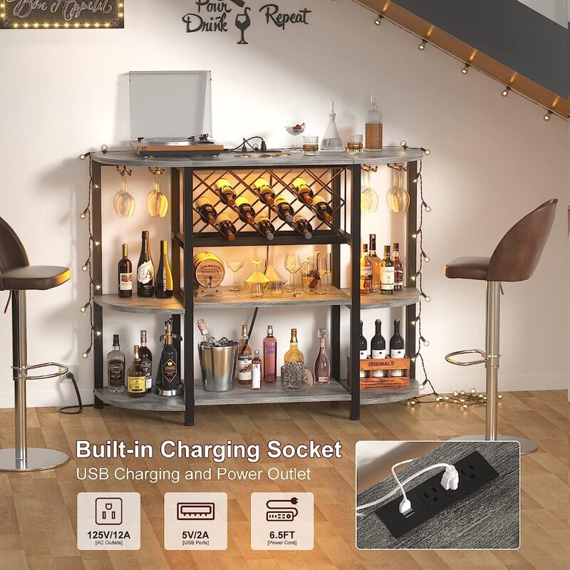 Gabinete de barra de café de Metal de 4 niveles con salida y luz LED, mesa de piso independiente para licor, soporte para vidrio, estante para vino, almacenamiento