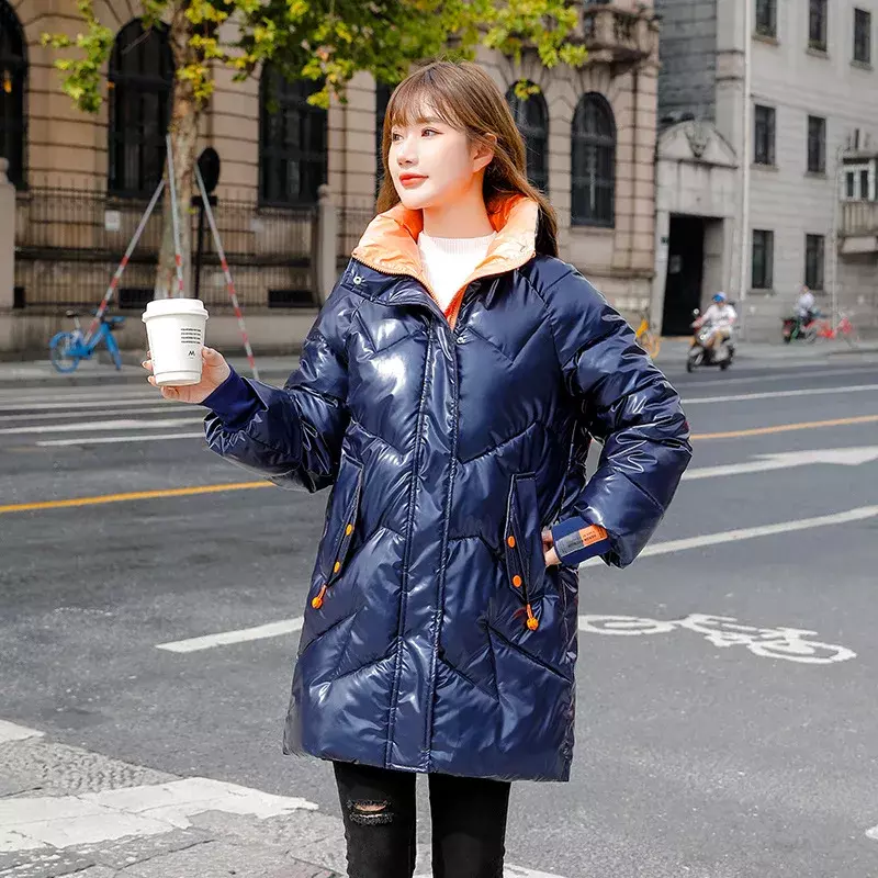 Pakaian Musim Dingin untuk Wanita Jaket Versi Korea Mengkilap Longgar Panjang Kerah Berdiri Katun Layanan Roti