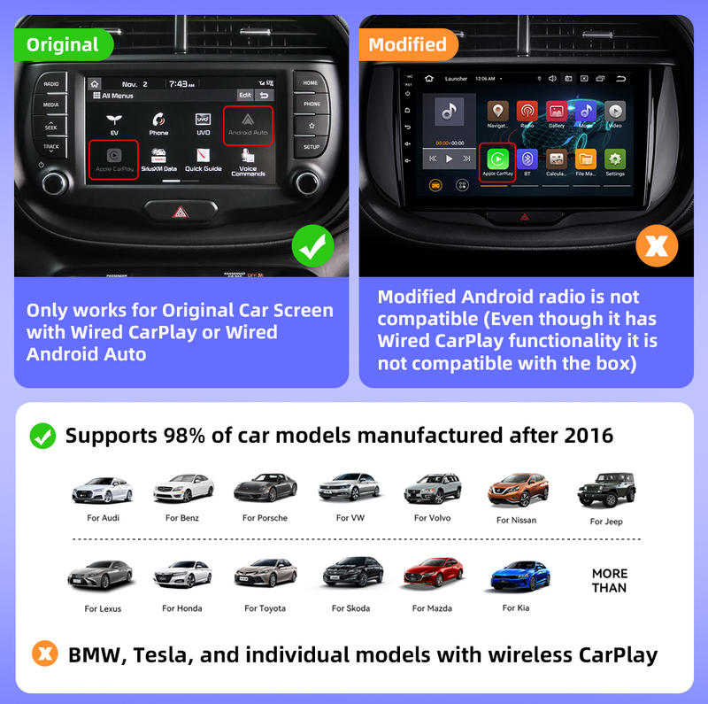 CarAIBOX 2 in1 bezprzewodowy klucz samochodowy CarPlay bezprzewodowy Android Auto Box do radia samochodowego z przewodowym CarPlay