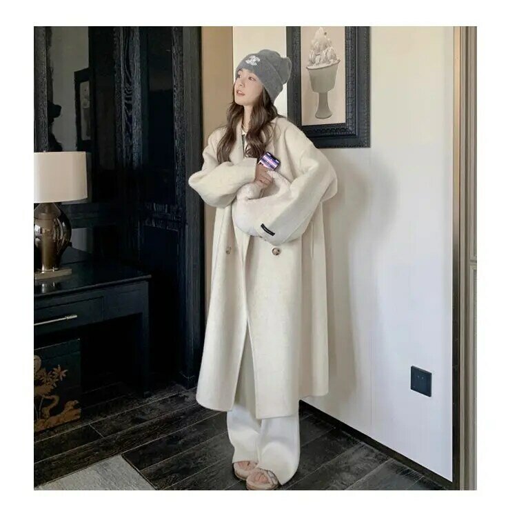 VANOVICH Women's 2024 Autumn and Winter New Korean Style Long Woolen Coat Solid Color Double Breasted Notched Casual Loose Coat