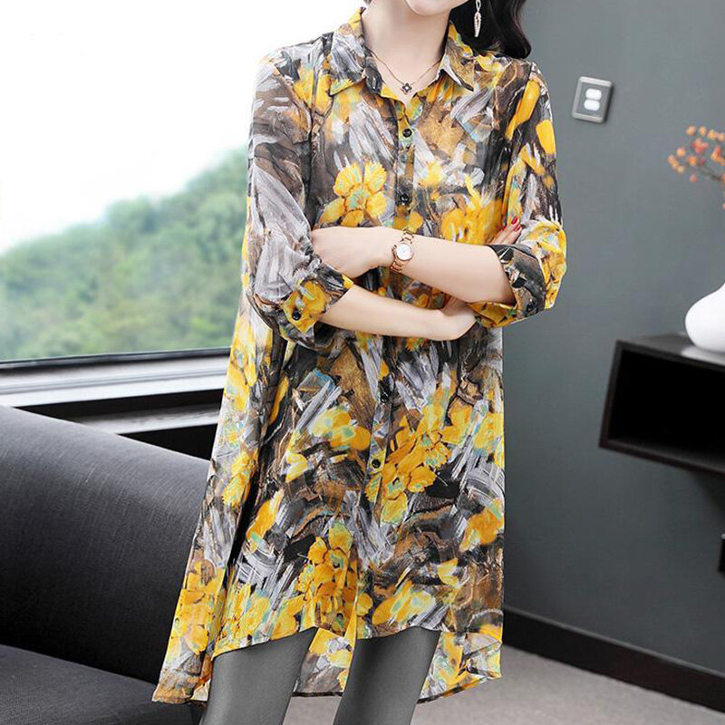 Casual Vintage Floral Printed Button Long Shirt Summer 2023 Streetwear Polo-Neck Three Quarter Sleeve Loose Tops Ladies Clothing