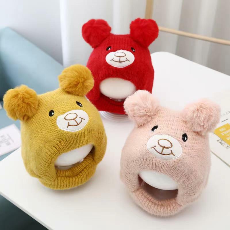 Cute Bear Beanie Cap for Baby Boy Girl Cartoon Pompom Warm Knitted Hat Neck Cover Autumn Winter Toddler Ear Protection Caps
