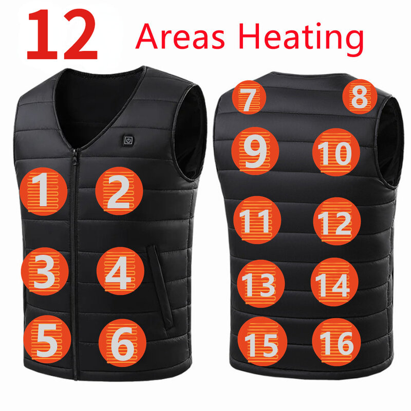 Self Heating Vest para homens e mulheres, USB, jaqueta aquecida, roupas térmicas, caça, inverno, M-5XL, 12 lugares