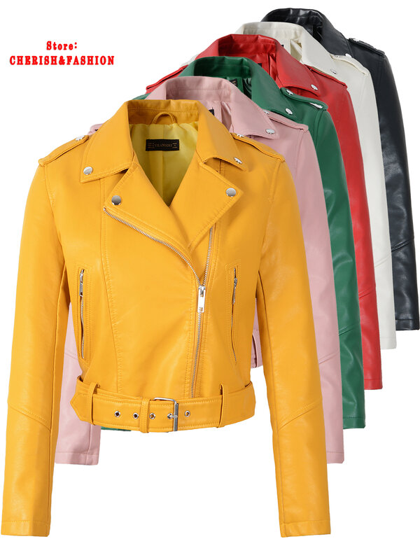 Chaqueta de cuero sintético para mujer, abrigo ajustado de piel sintética, color amarillo, para invierno y otoño