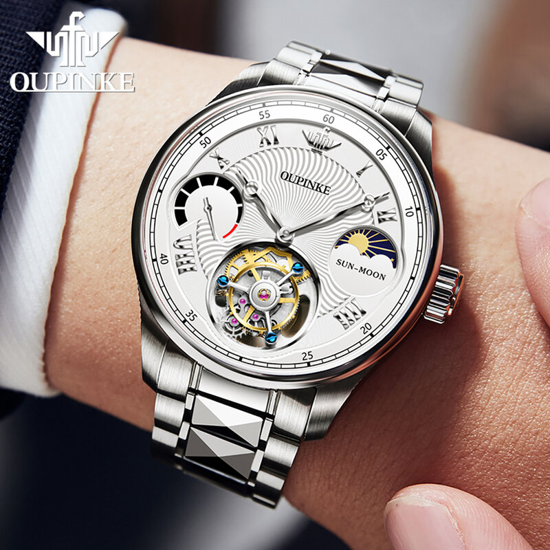 OUPINKE-Relógio de pulso Sapphire luxo masculino, movimento suíço Tourbillon, pulseira exclusiva Tungsten Steel, relógios de moda empresarial