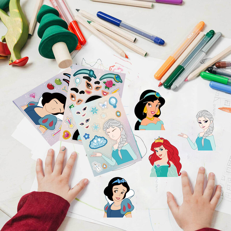 Disney Princess Puzzle Adesivos para Crianças, Make-a-Face, Engraçado Montar Jigsaw, Adesivo DIY Dos Desenhos Animados, Brinquedos Educativos para Crianças, 8 Folhas