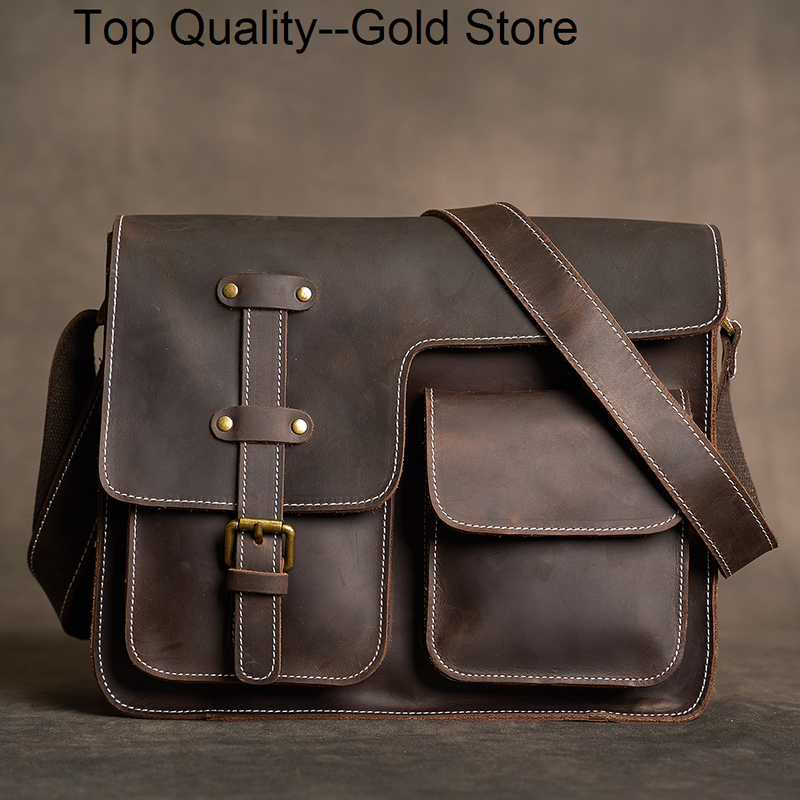 Genuine Leather Messenger Bag Men's Vintage Crossbody Casual Shoulder Retro Hight Quality For 12.9-Inch Laptop