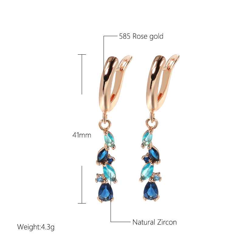 SYOUJYO New 585 Rose Golden Earrings For Women Luxury Blue Natural Zircon Leaf Long Dangle Earrings Wedding Jewelry