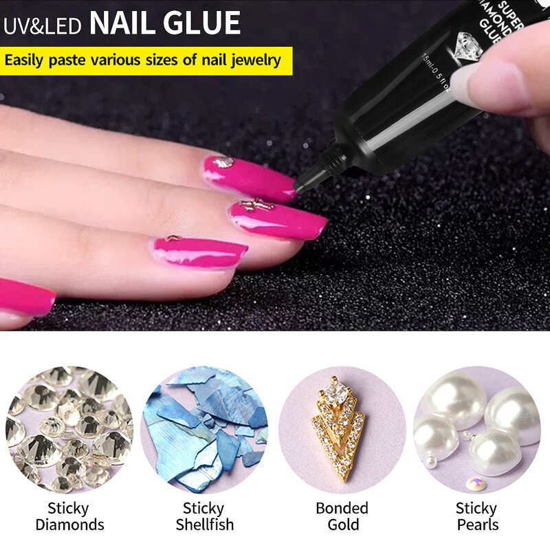 Colle à ongles Super diamant 15ML 2 en 1, pour strass UV/LED, pas de lingette, Nail Art, bijoux, décoration, adhésif fort