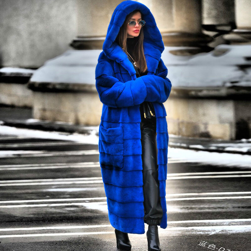 Veste en fausse fourrure de lapin pour femme, manteau à capuche, épais, chaud, Long, Slim, manteau d'hiver