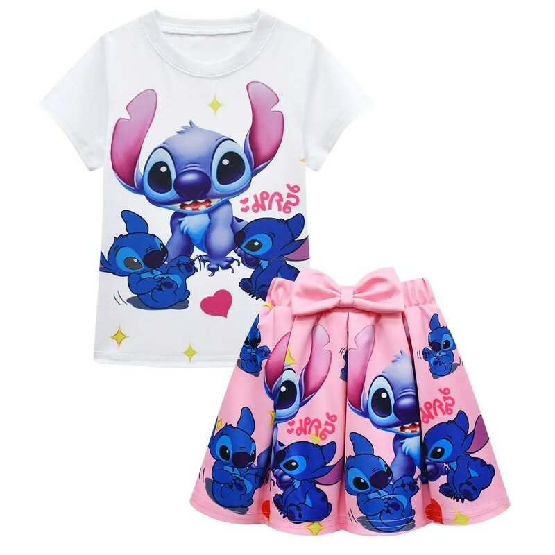 Summer Children's Clothing Sets Girls Stitch Cartoon Print T-Shirt + Pleated Skirt 2Pcs Suit Kids Birthday Party Costume Outfit