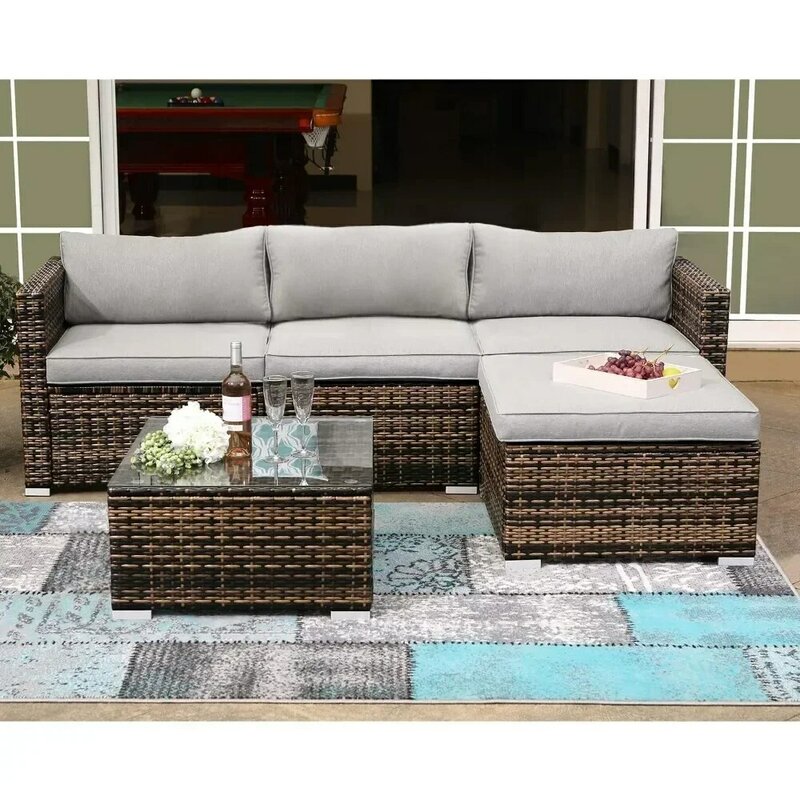 Outdoor Furniture All-Weather Brown Wicker Sectional Sofa W Warm Gray Thick Cushions, Glass-Top Coffee Table,Garden Sofas