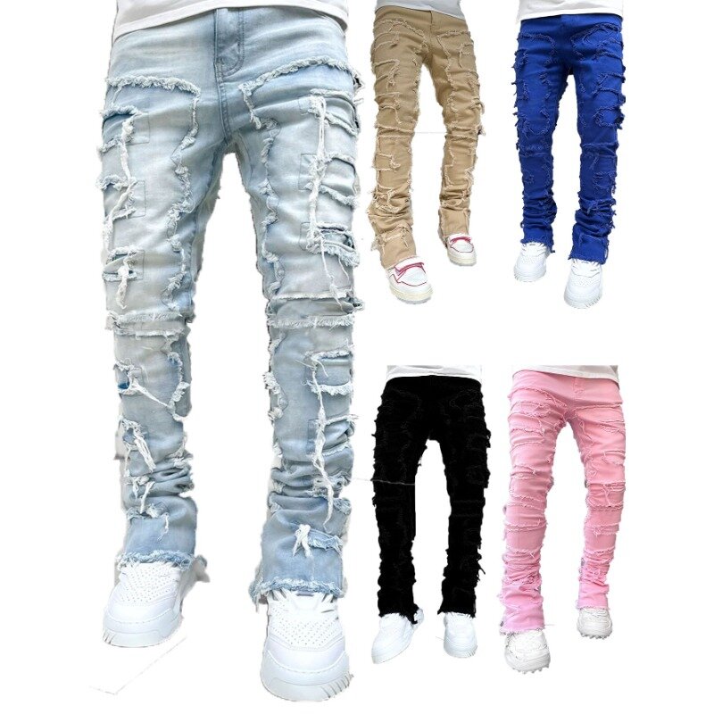 Men's ripped jeans European and American style straight y2k personality fashion elastic ripped solid color ripped denim trousers
