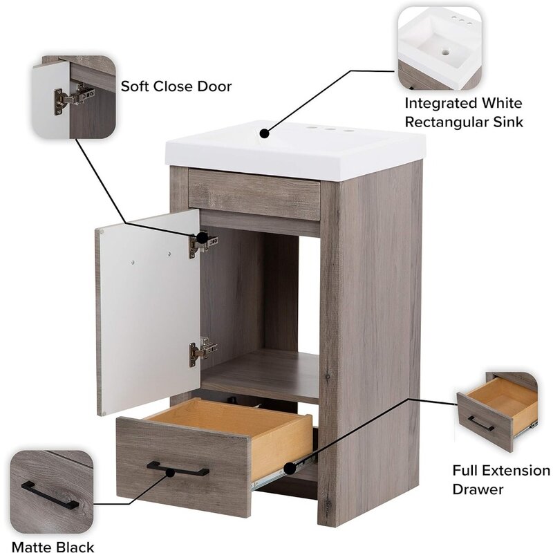 Fregadero de encimera de cajón para lavabo de baño, mueble de tocador independiente con 1 puerta, grifo de fregadero de cocina de roble lavado blanco