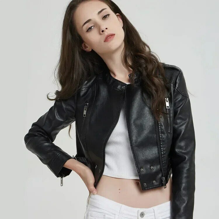 Женская короткая приталенная мотоциклетная куртка с воротником-стойкой, черная мотоциклетная куртка из искусственной кожи, мотоциклетная куртка, Женское пальто, модная уличная одежда