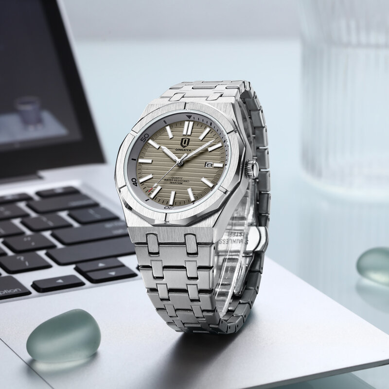 QINGXIYA-Relógio de quartzo de aço inoxidável para homens, impermeável, calendário luminoso, relógios de luxo, nova moda