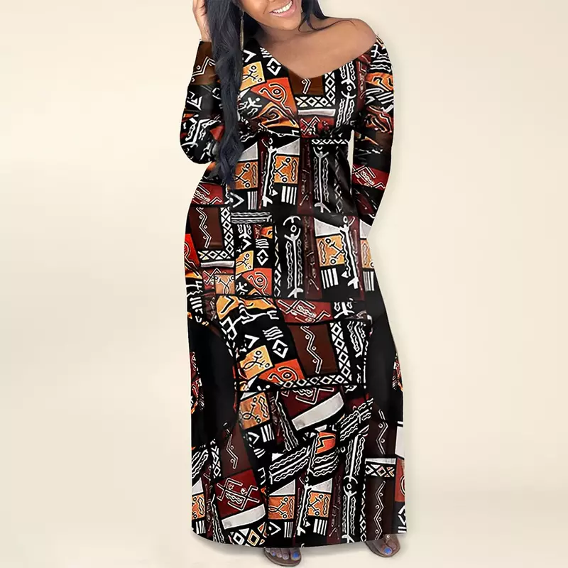 Maxi vestidos diarios de talla grande, estampado africano marrón informal, primavera y verano, cuello en V, manga larga, bolsillo, Vestidos de punto