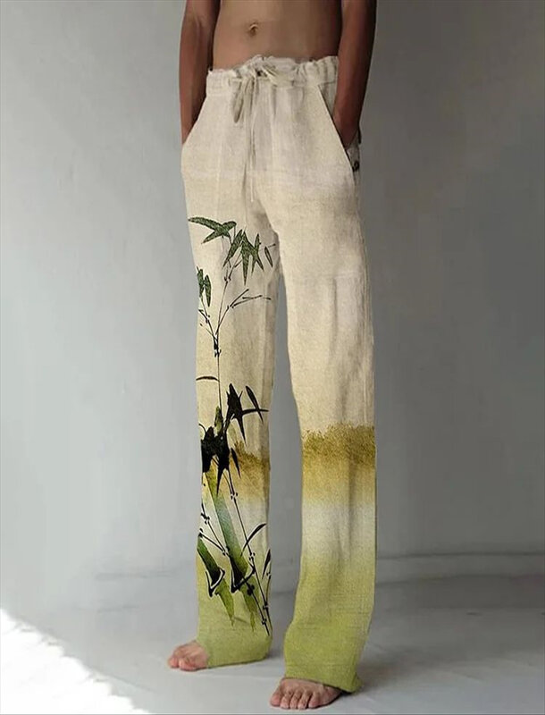 Celana panjang pria, celana panjang kasual putih motif bunga retro 3D