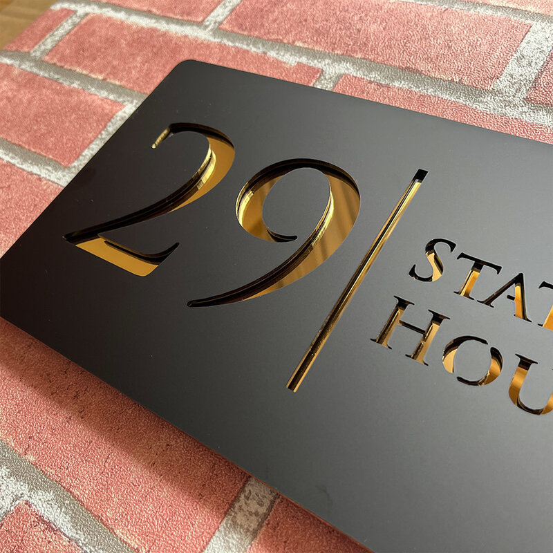 Letrero de número de casa flotante 3D moderno acrílico personalizado con corte láser de 28cm, placa con nombre de familia para exteriores, color negro mate y gris